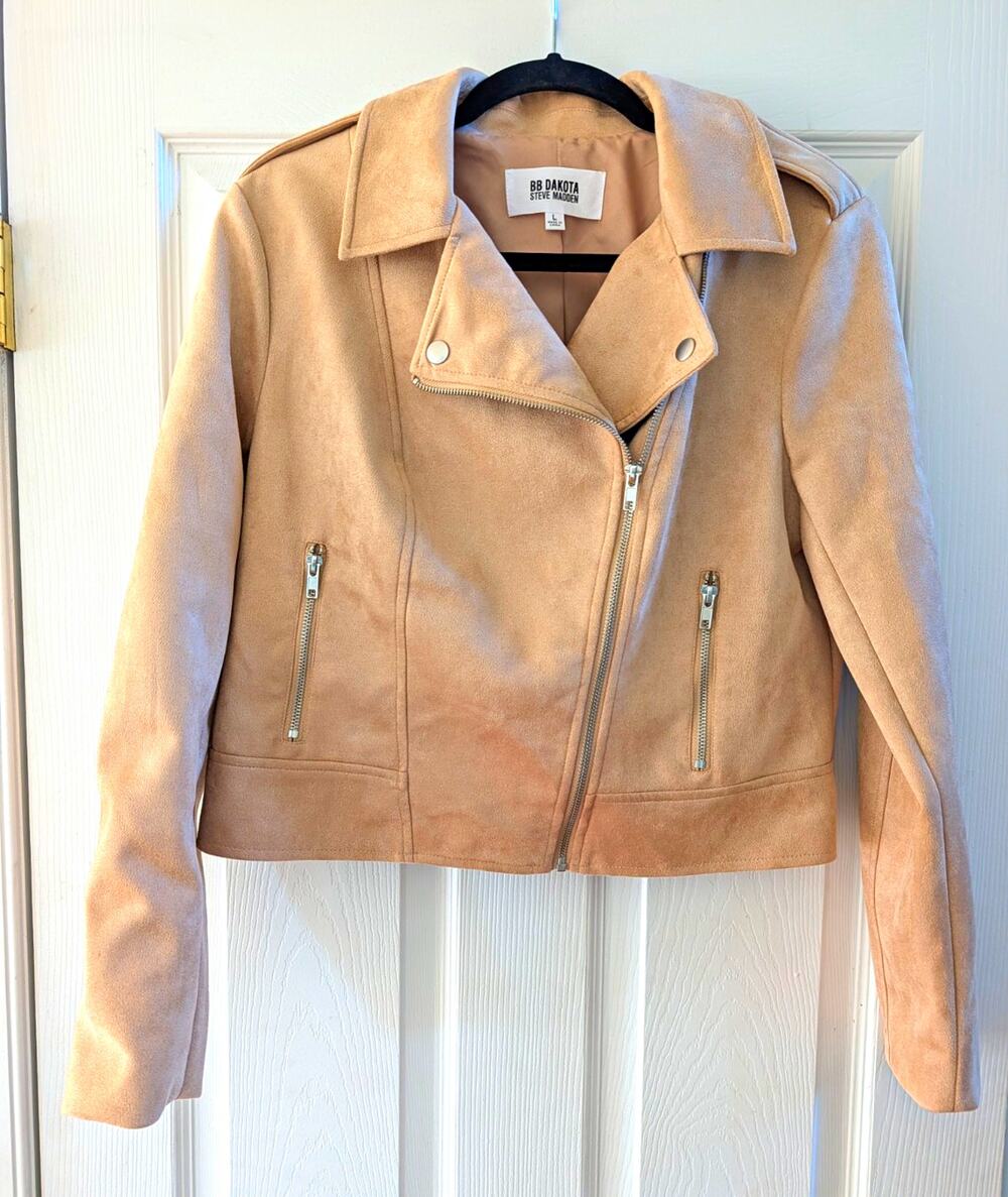 BB Dakota Steve Madden Beige Moto Biker Jacket Zip Lined Pockets Women's L